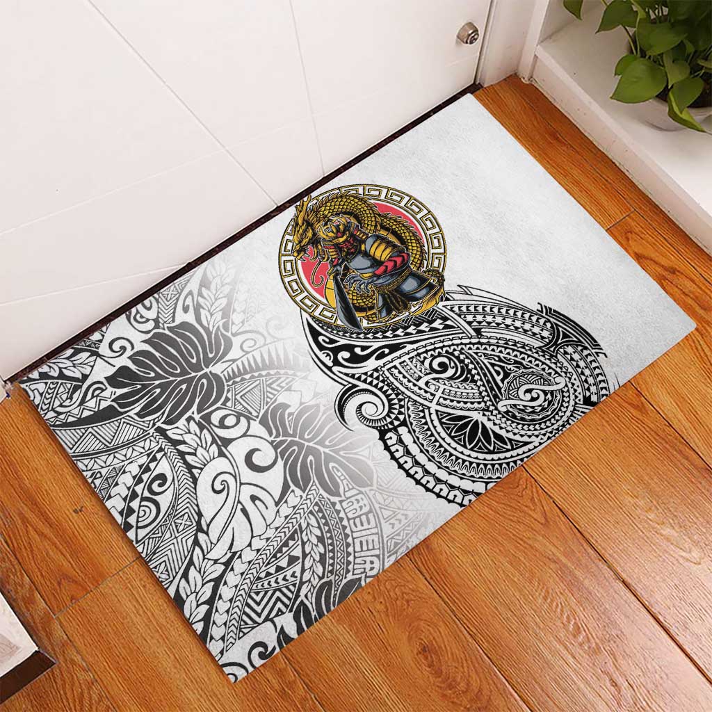 Japanese Samurai Warrior Rubber Doormat White Polynesian Tattoo Style