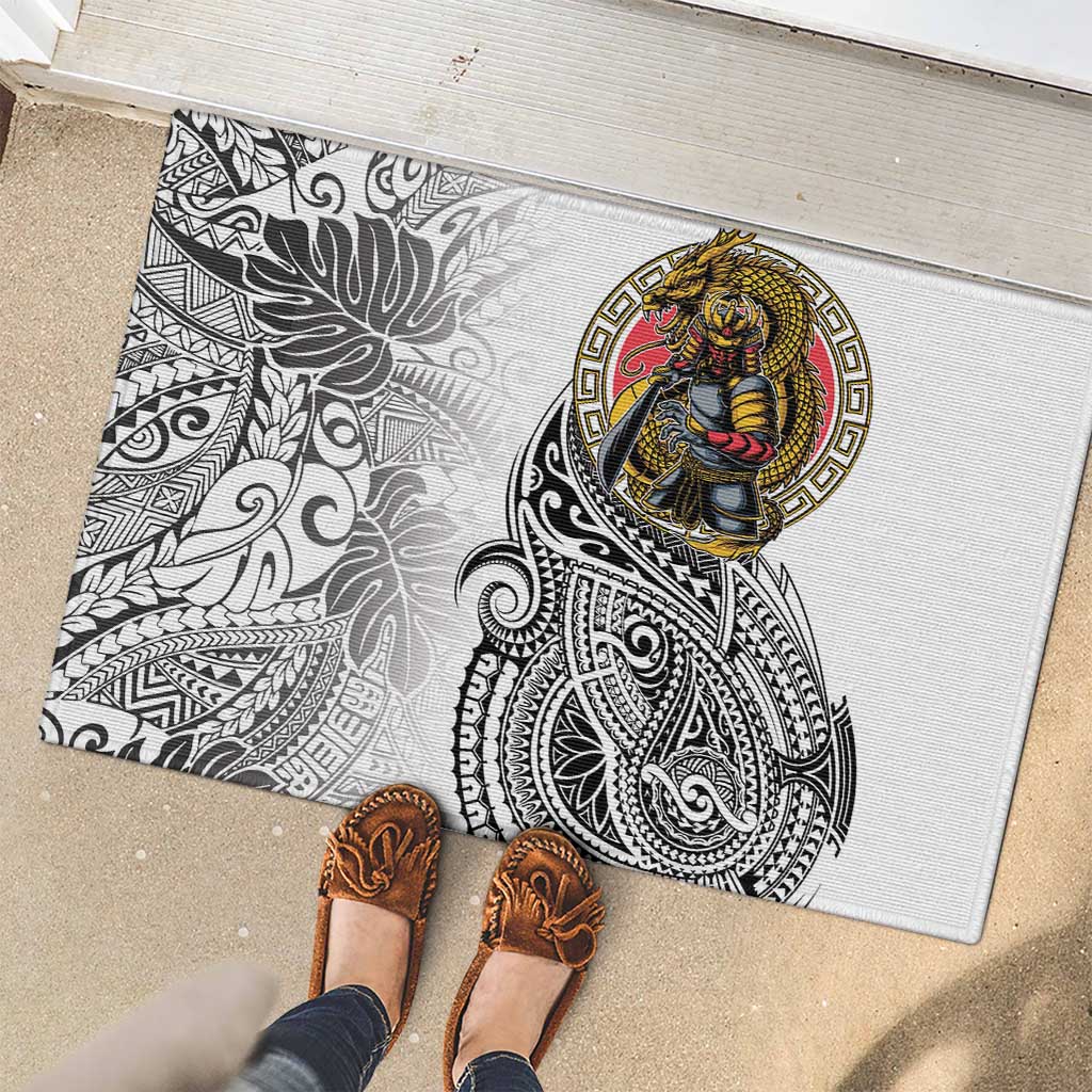 Japanese Samurai Warrior Rubber Doormat White Polynesian Tattoo Style