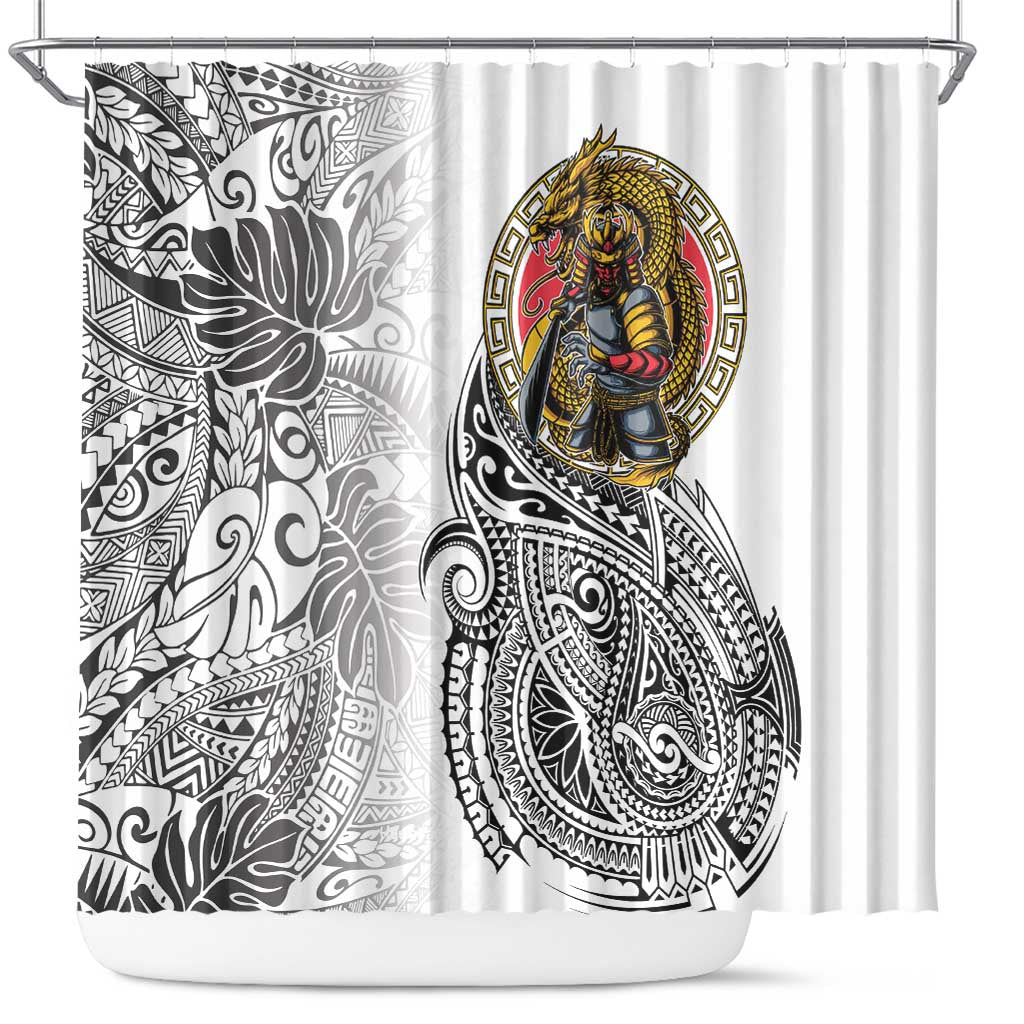 Japanese Samurai Warrior Shower Curtain White Polynesian Tattoo Style