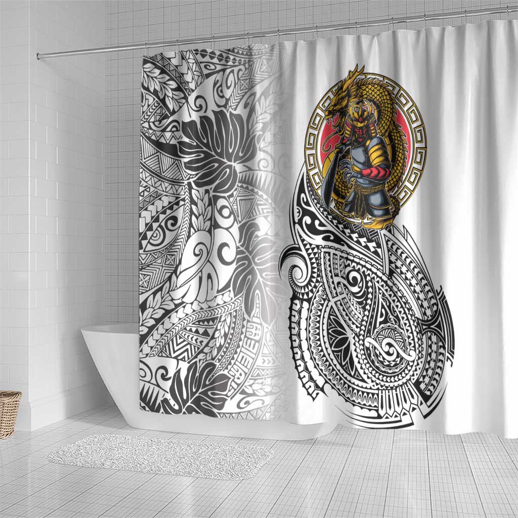 Japanese Samurai Warrior Shower Curtain White Polynesian Tattoo Style