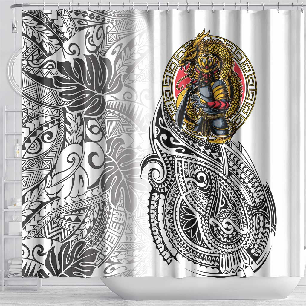 Japanese Samurai Warrior Shower Curtain White Polynesian Tattoo Style