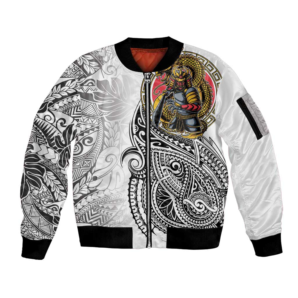 Japanese Samurai Warrior Sleeve Zip Bomber Jacket White Polynesian Tattoo Style LT9 Unisex White - Polynesian Pride