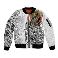 Japanese Samurai Warrior Sleeve Zip Bomber Jacket White Polynesian Tattoo Style LT9 Unisex White - Polynesian Pride