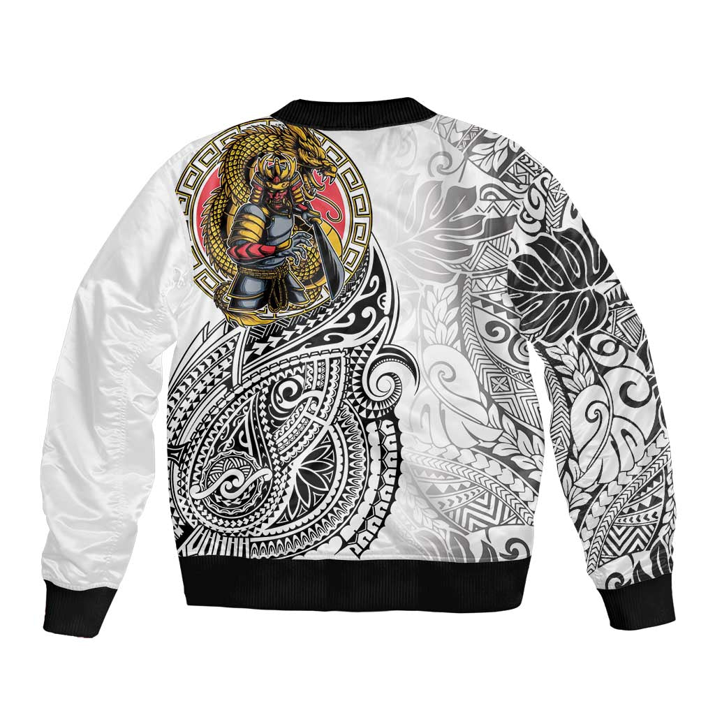 Japanese Samurai Warrior Sleeve Zip Bomber Jacket White Polynesian Tattoo Style LT9 - Polynesian Pride