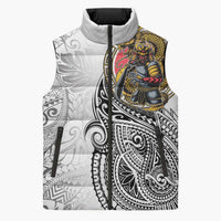 Japanese Samurai Warrior Sleeveless Puffer Jacket White Polynesian Tattoo Style LT9 Unisex White - Polynesian Pride
