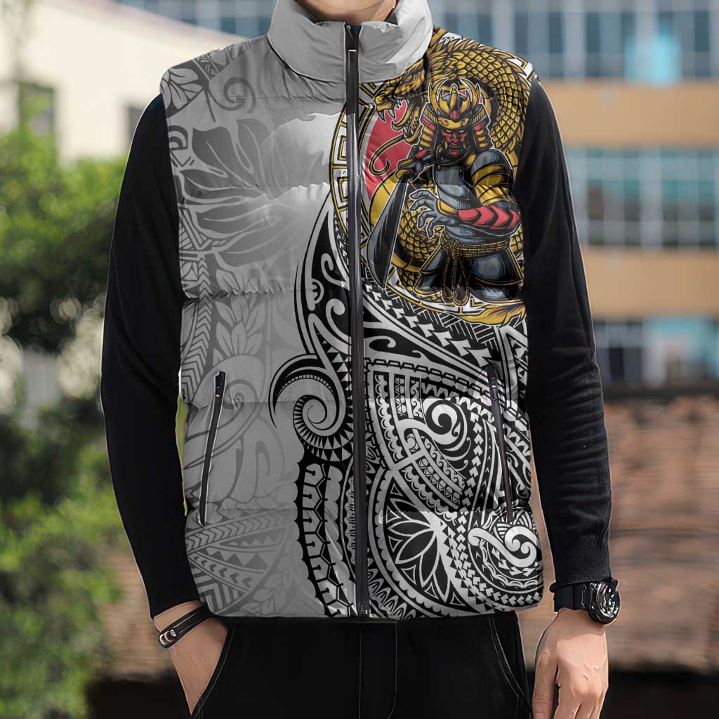 Japanese Samurai Warrior Sleeveless Puffer Jacket White Polynesian Tattoo Style LT9 - Polynesian Pride