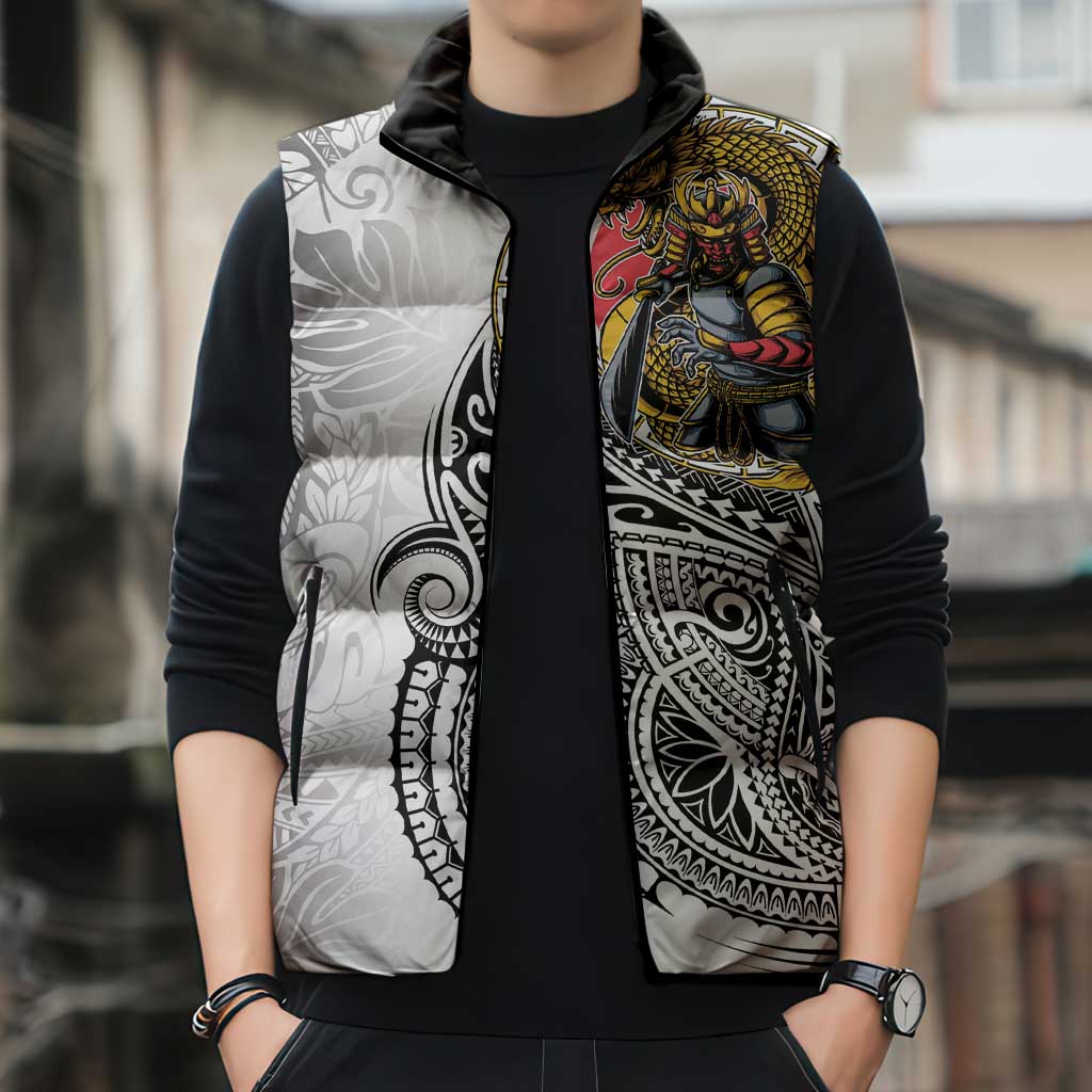 Japanese Samurai Warrior Sleeveless Puffer Jacket White Polynesian Tattoo Style LT9 - Polynesian Pride
