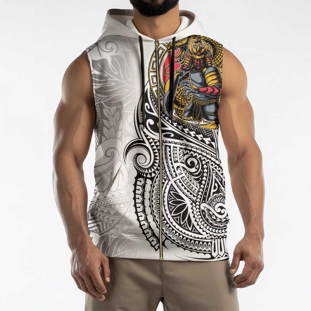 Japanese Samurai Warrior Sleeveless Zip Hoodie White Polynesian Tattoo Style - Polynesian Pride