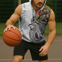 Japanese Samurai Warrior Sleeveless Zip Hoodie White Polynesian Tattoo Style - Polynesian Pride
