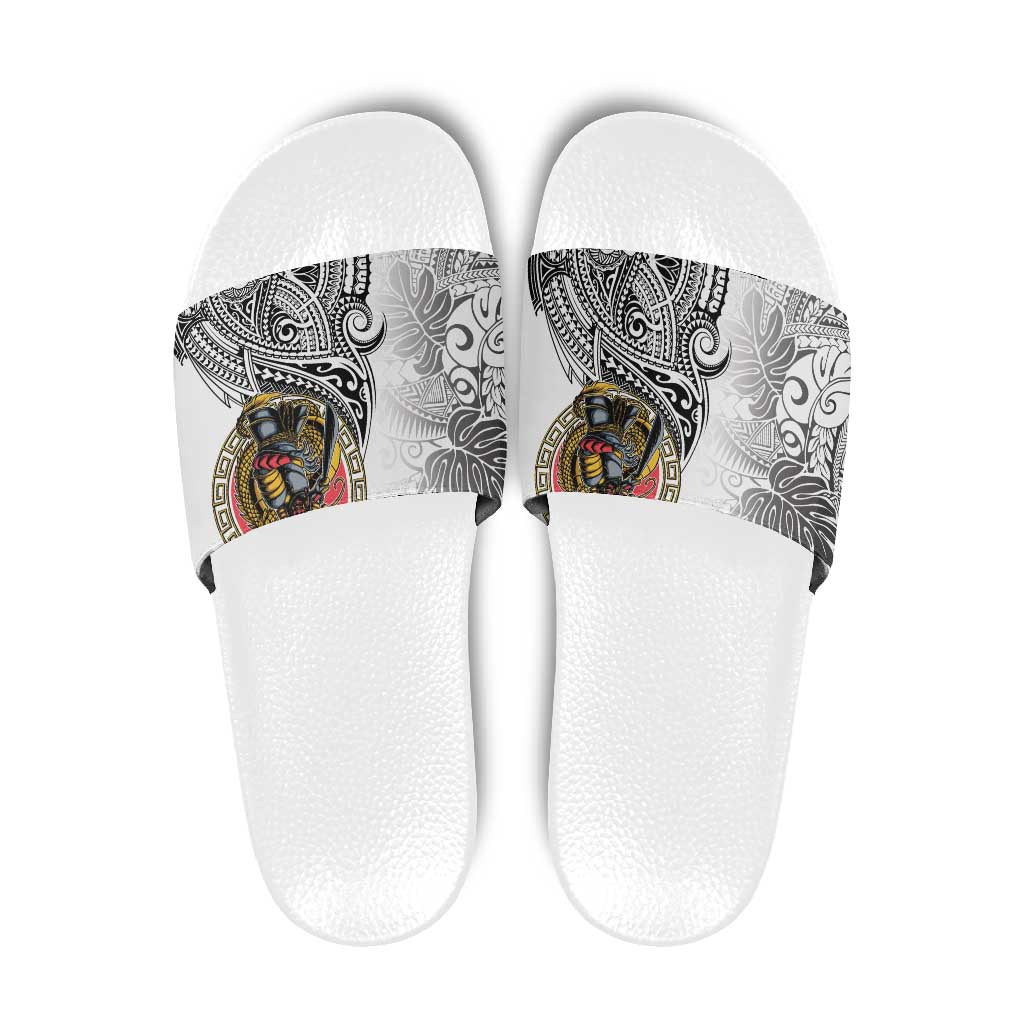 Japanese Samurai Warrior Slide Sandals White Polynesian Tattoo Style LT9 White - Polynesian Pride