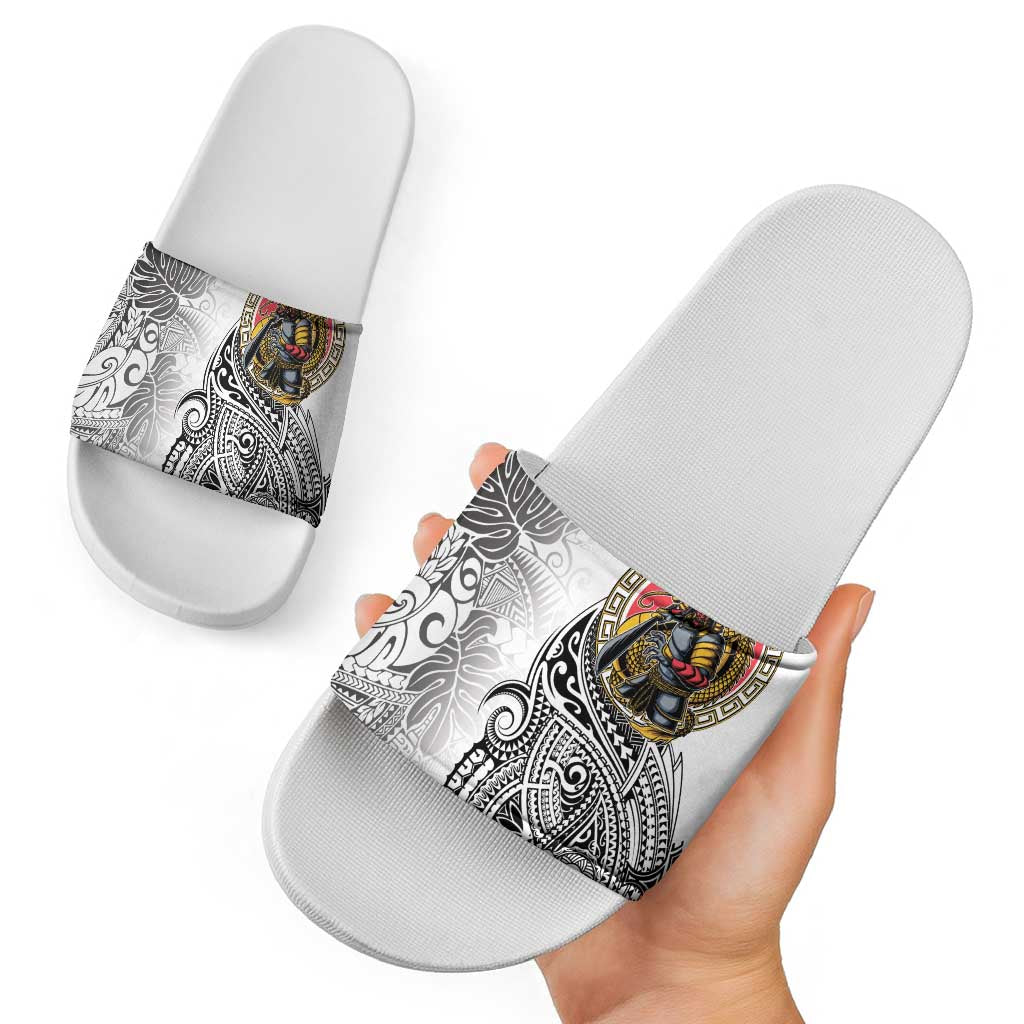 Japanese Samurai Warrior Slide Sandals White Polynesian Tattoo Style LT9 - Polynesian Pride