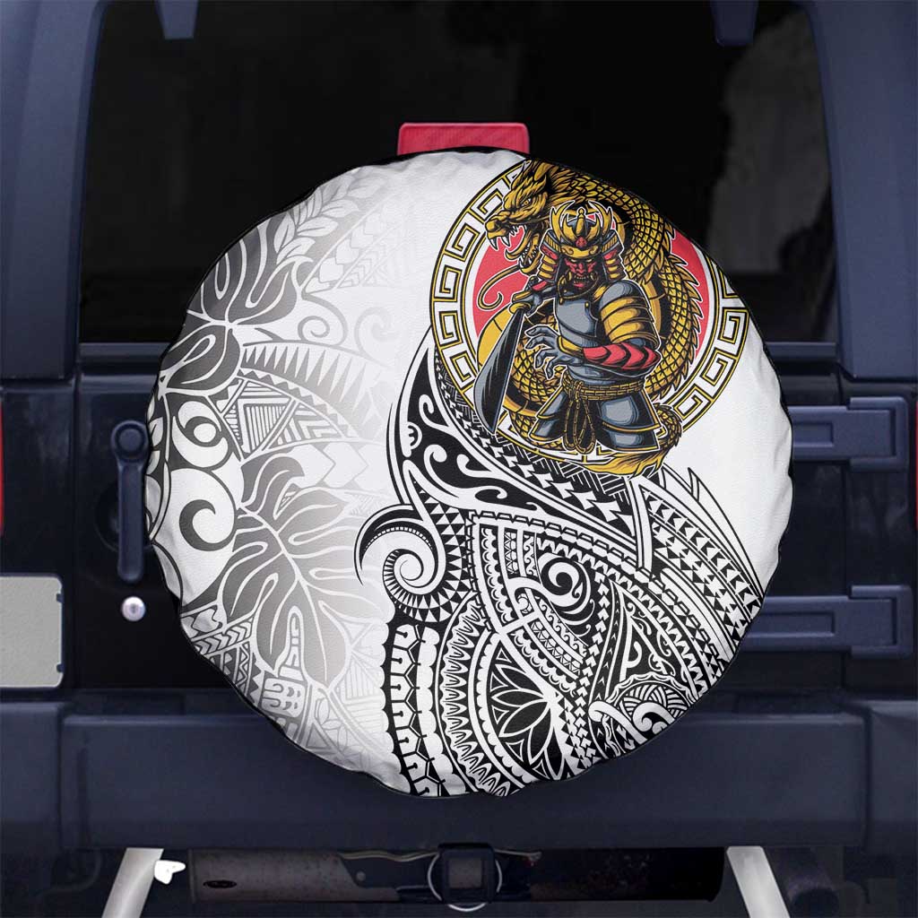 Japanese Samurai Warrior Spare Tire Cover White Polynesian Tattoo Style