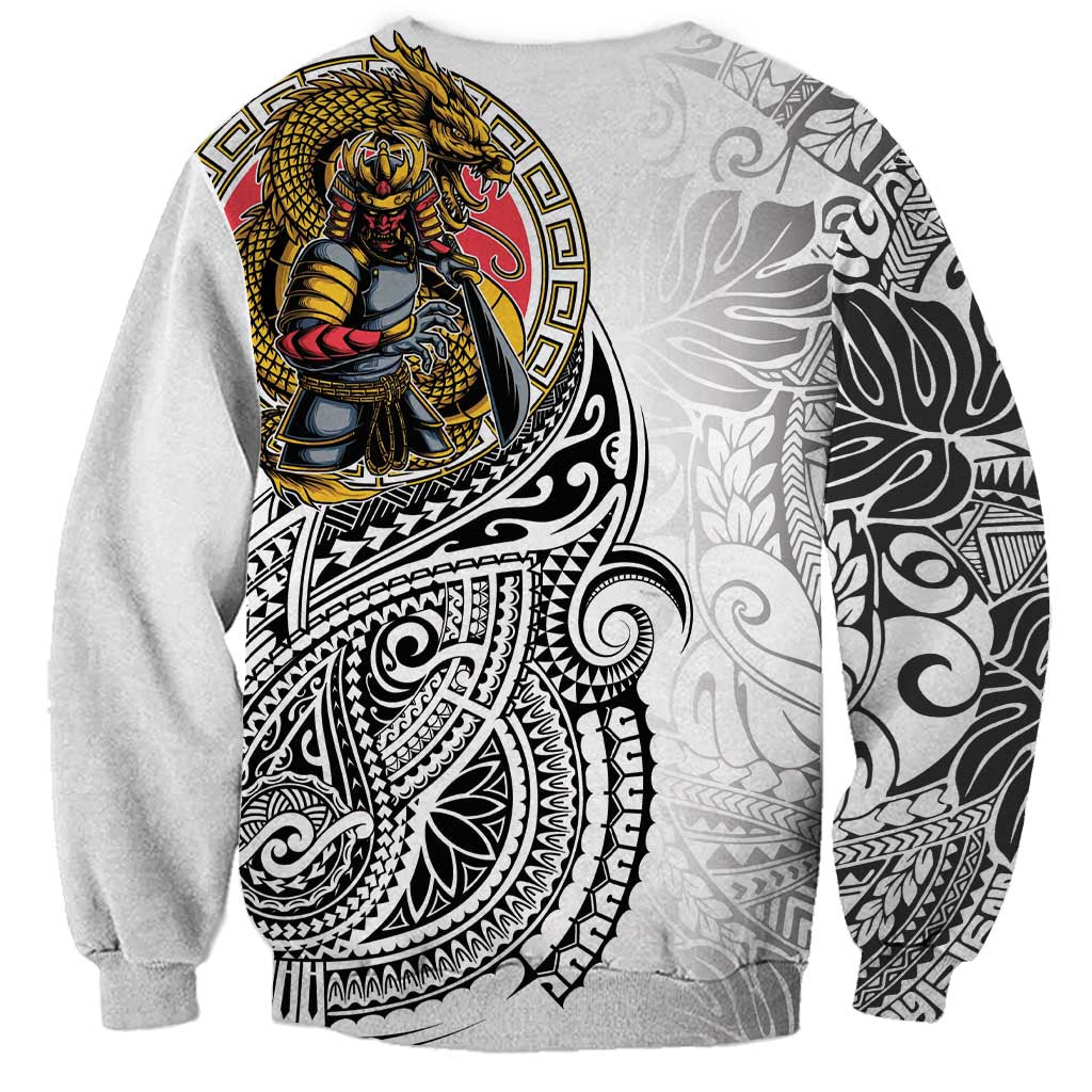 Japanese Samurai Warrior Sweatshirt White Polynesian Tattoo Style