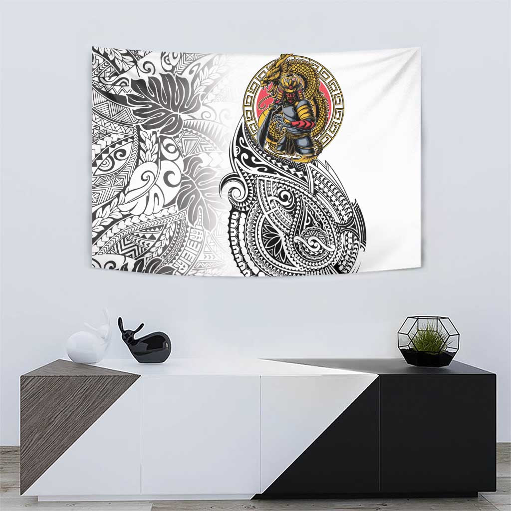 Japanese Samurai Warrior Tapestry White Polynesian Tattoo Style