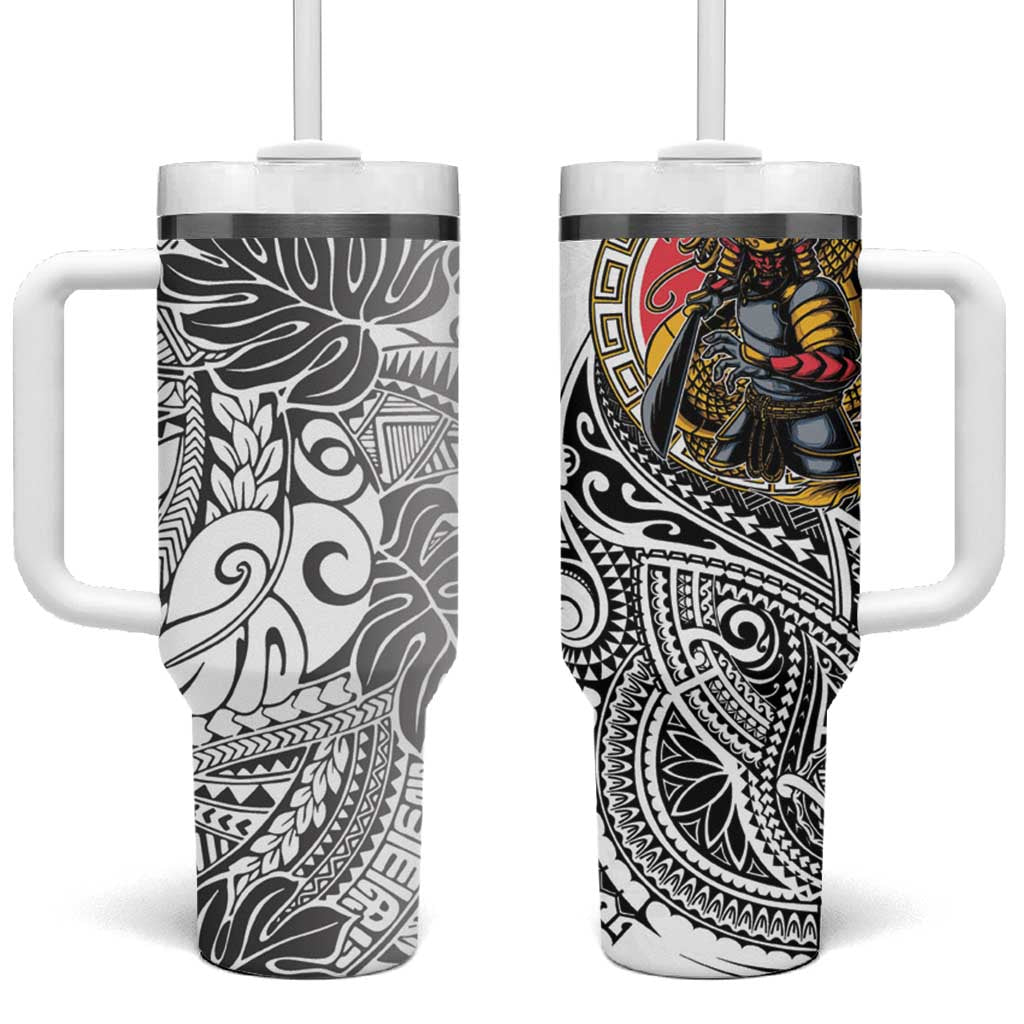 Japanese Samurai Warrior Tumbler With Handle White Polynesian Tattoo Style LT9 One Size: 40 oz White - Polynesian Pride