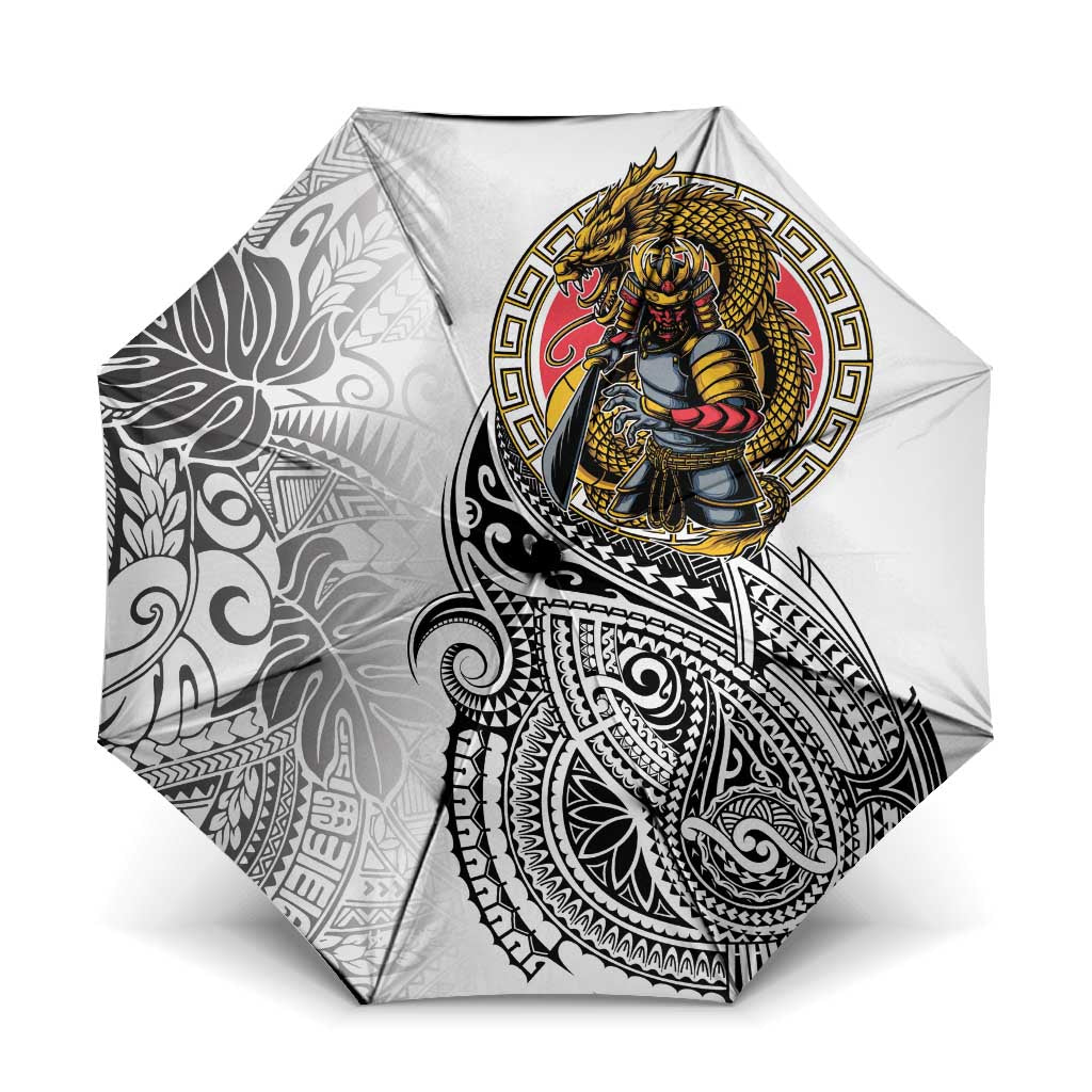 Japanese Samurai Warrior Umbrella White Polynesian Tattoo Style - Polynesian Pride