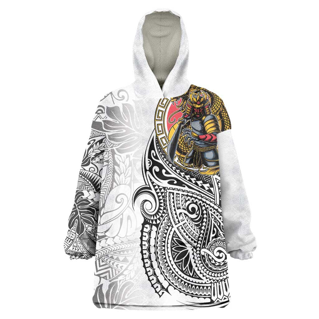 Japanese Samurai Warrior Wearable Blanket Hoodie White Polynesian Tattoo Style