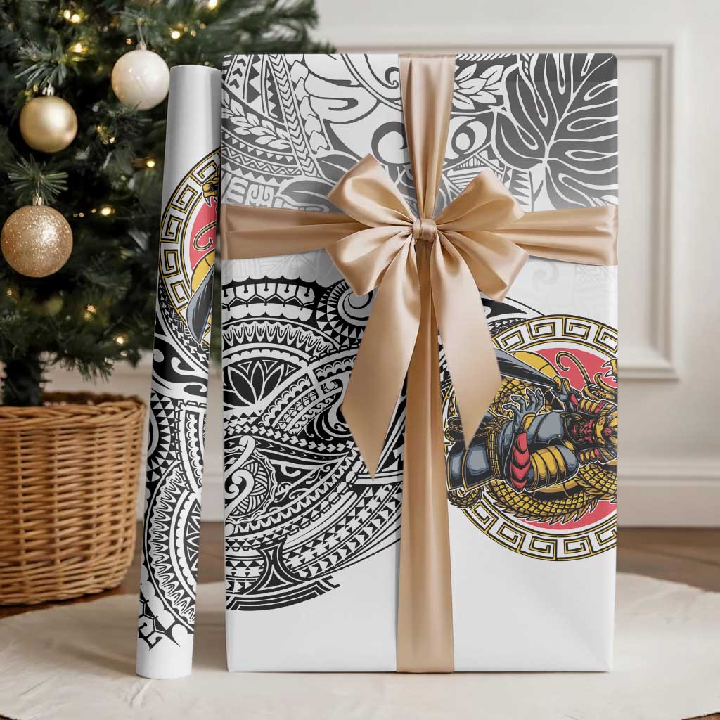 Japanese Samurai Warrior Wrapping Paper White Polynesian Tattoo Style - Polynesian Pride
