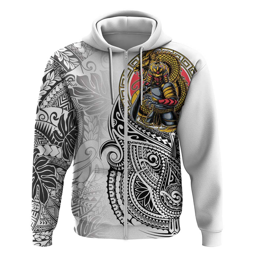 Japanese Samurai Warrior Zip Hoodie White Polynesian Tattoo Style
