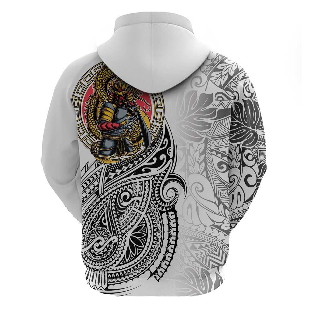 Japanese Samurai Warrior Zip Hoodie White Polynesian Tattoo Style