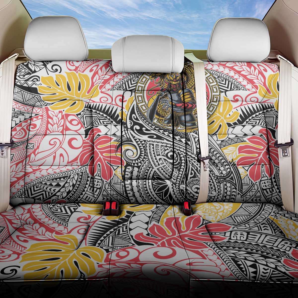 Japanese Samurai Warrior Back Car Seat Cover Colorful Polynesian Tattoo Style
