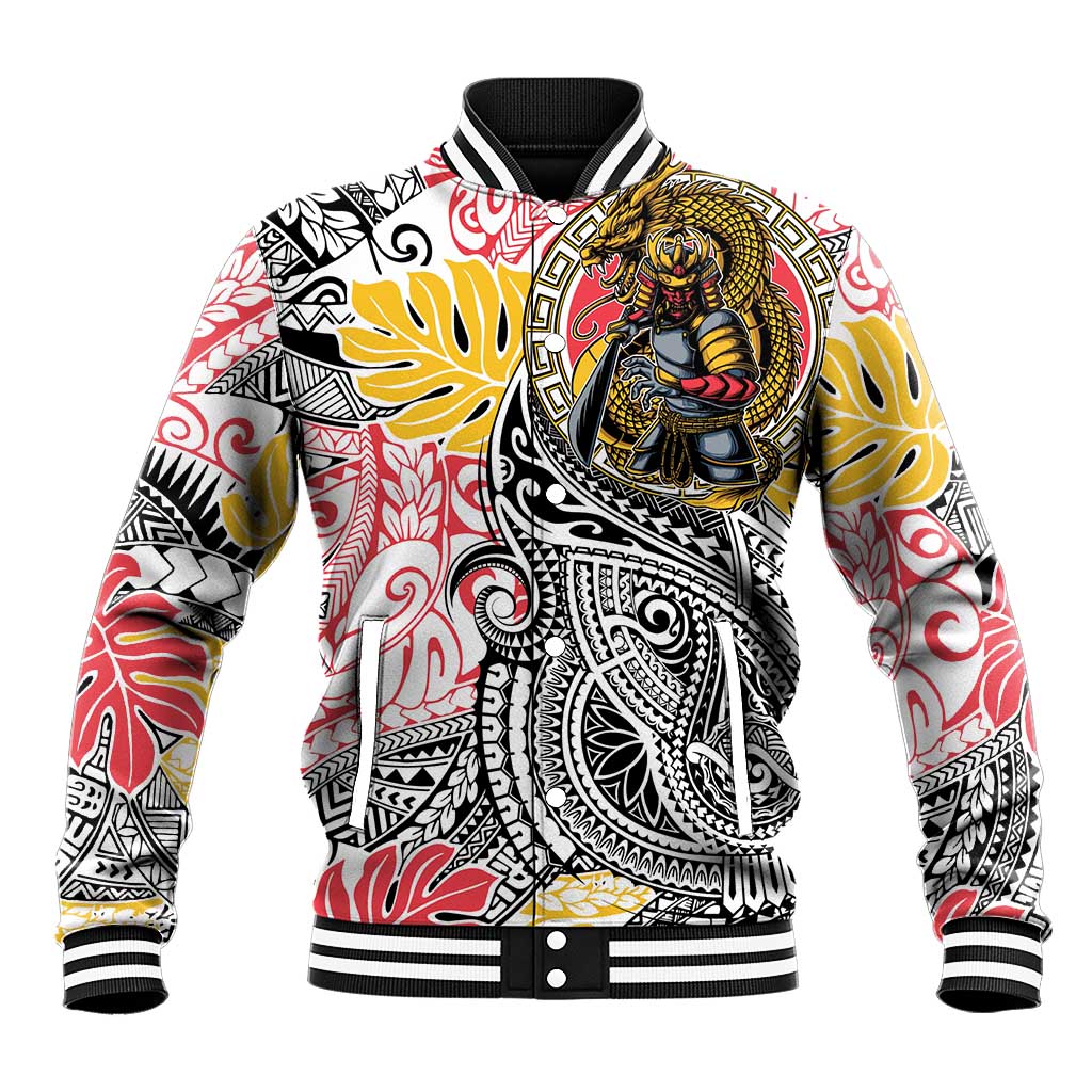 Japanese Samurai Warrior Baseball Jacket Colorful Polynesian Tattoo Style LT9 Unisex White - Polynesian Pride