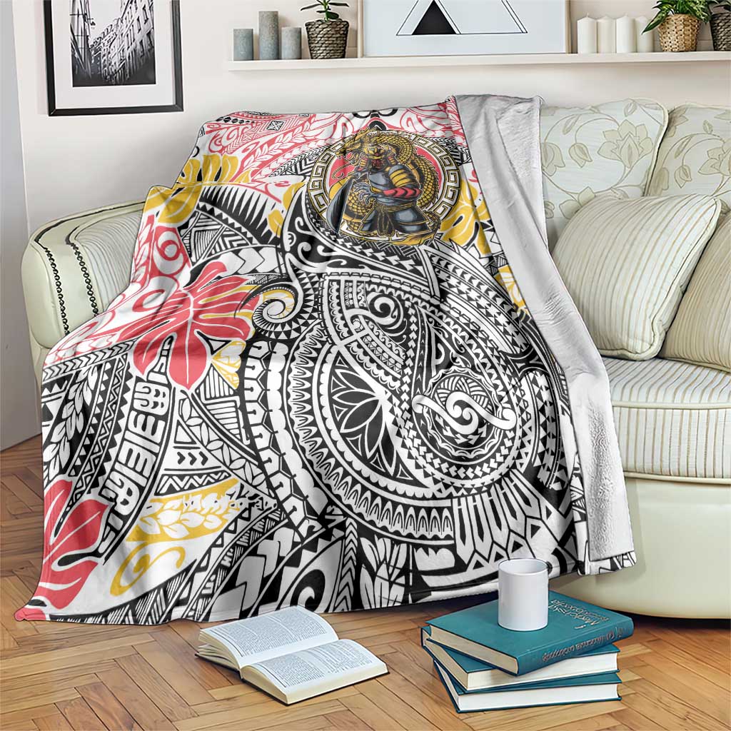 Japanese Samurai Warrior Blanket Colorful Polynesian Tattoo Style