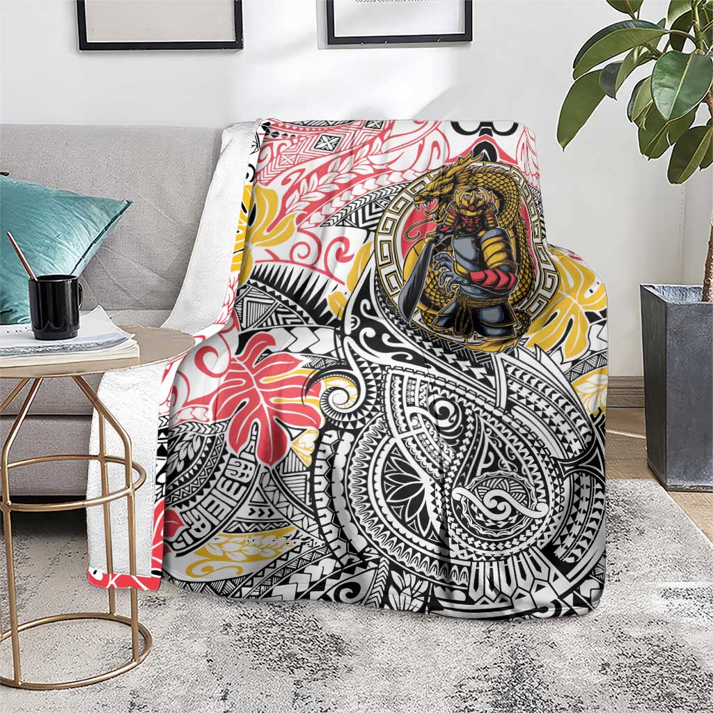 Japanese Samurai Warrior Blanket Colorful Polynesian Tattoo Style