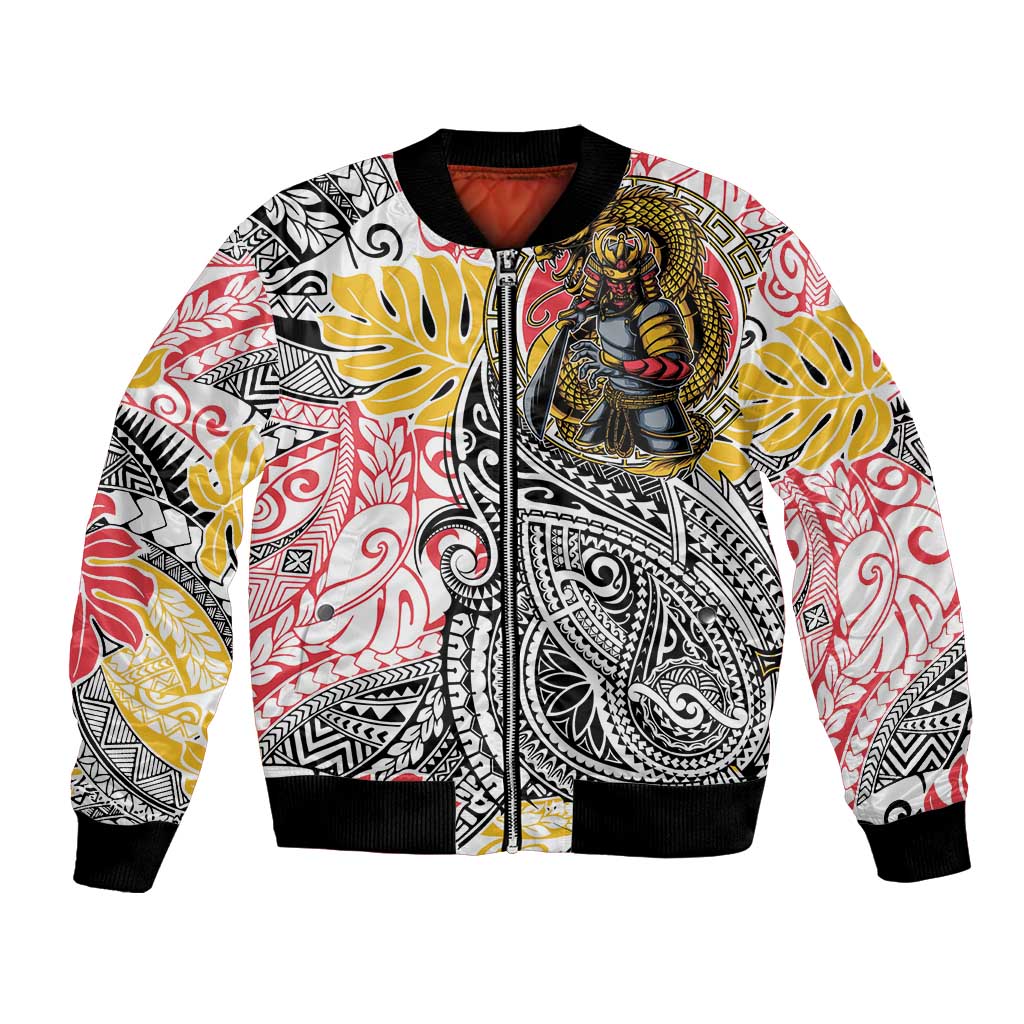 Japanese Samurai Warrior Bomber Jacket Colorful Polynesian Tattoo Style LT9 Unisex White - Polynesian Pride