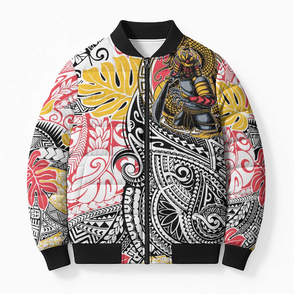 Japanese Samurai Warrior Bomber Puffer Jacket Colorful Polynesian Tattoo Style LT9 Unisex White - Polynesian Pride