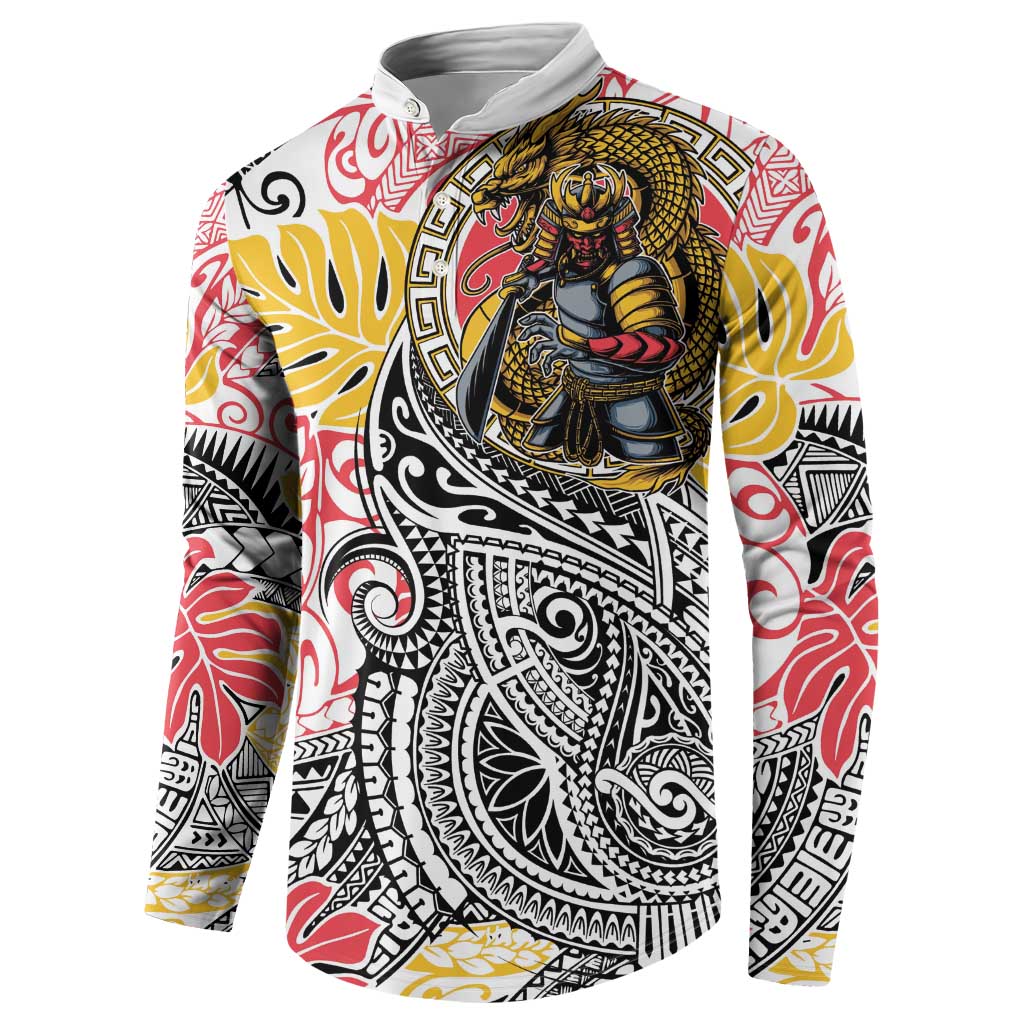 Japanese Samurai Warrior Button Sweatshirt Colorful Polynesian Tattoo Style