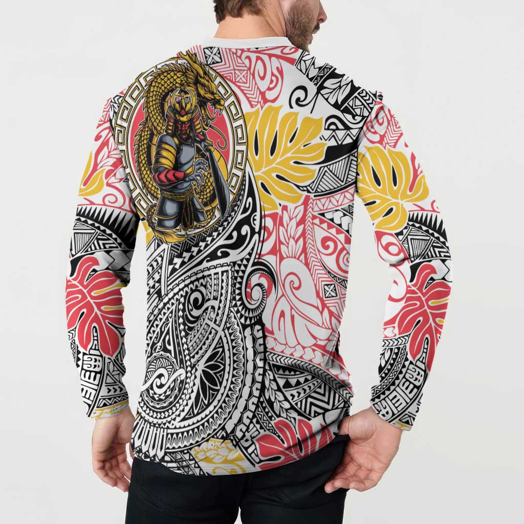 Japanese Samurai Warrior Button Sweatshirt Colorful Polynesian Tattoo Style