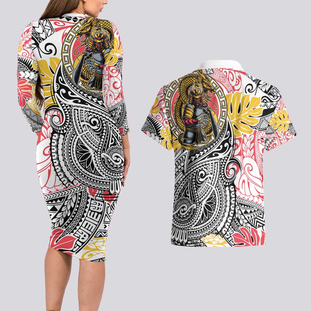 Japanese Samurai Warrior Couples Matching Long Sleeve Bodycon Dress and Hawaiian Shirt Colorful Polynesian Tattoo Style LT9 - Polynesian Pride
