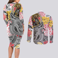 Japanese Samurai Warrior Couples Matching Long Sleeve Bodycon Dress and Long Sleeve Button Shirt Colorful Polynesian Tattoo Style LT9 - Polynesian Pride