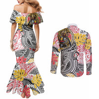 Japanese Samurai Warrior Couples Matching Mermaid Dress and Long Sleeve Button Shirt Colorful Polynesian Tattoo Style
