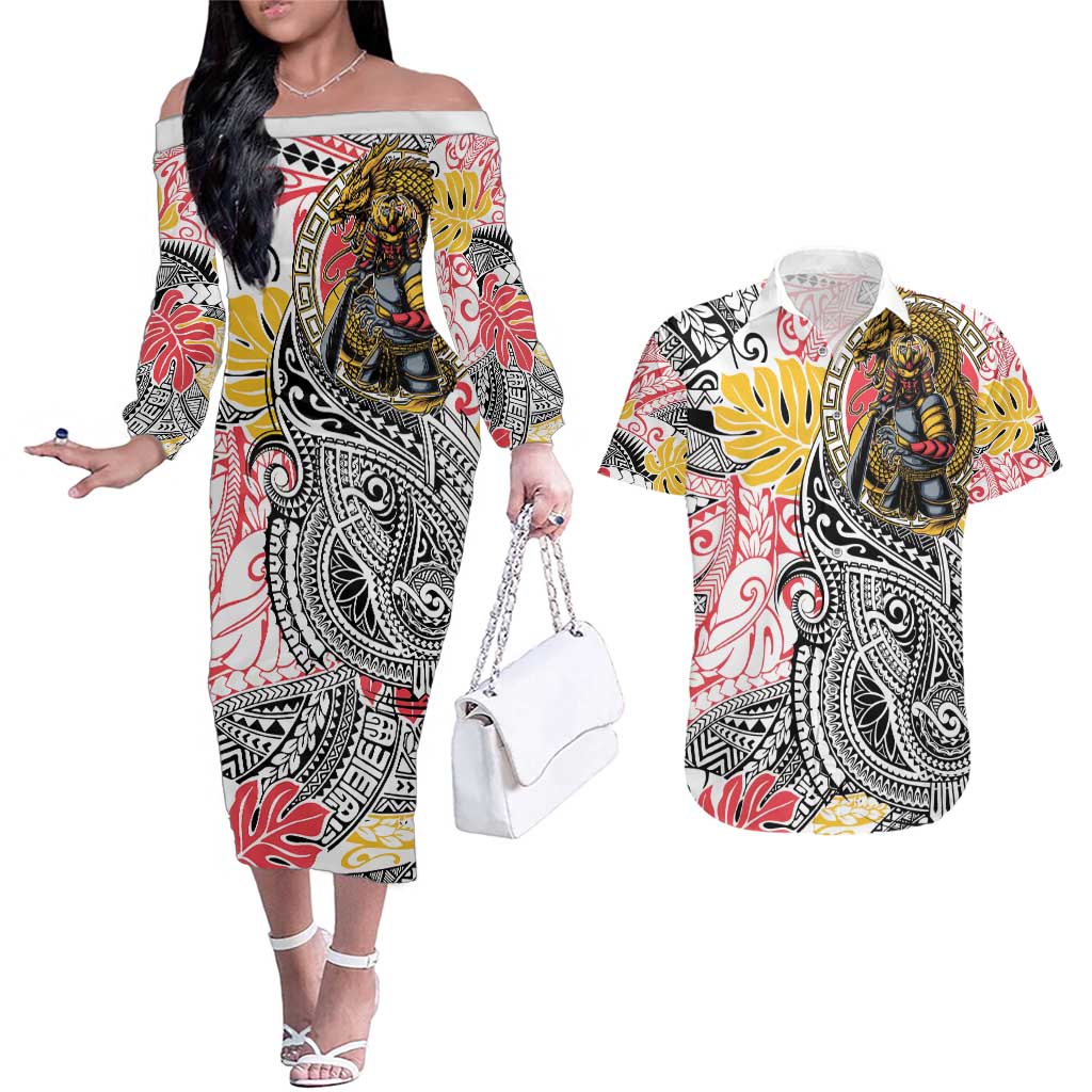 Japanese Samurai Warrior Couples Matching Off The Shoulder Long Sleeve Dress and Hawaiian Shirt Colorful Polynesian Tattoo Style