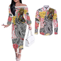 Japanese Samurai Warrior Couples Matching Off The Shoulder Long Sleeve Dress and Long Sleeve Button Shirt Colorful Polynesian Tattoo Style LT9 White - Polynesian Pride