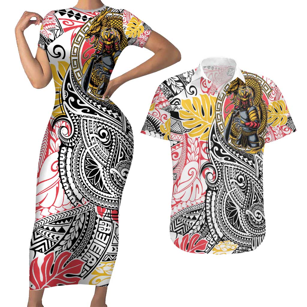Japanese Samurai Warrior Couples Matching Short Sleeve Bodycon Dress and Hawaiian Shirt Colorful Polynesian Tattoo Style LT9 White - Polynesian Pride