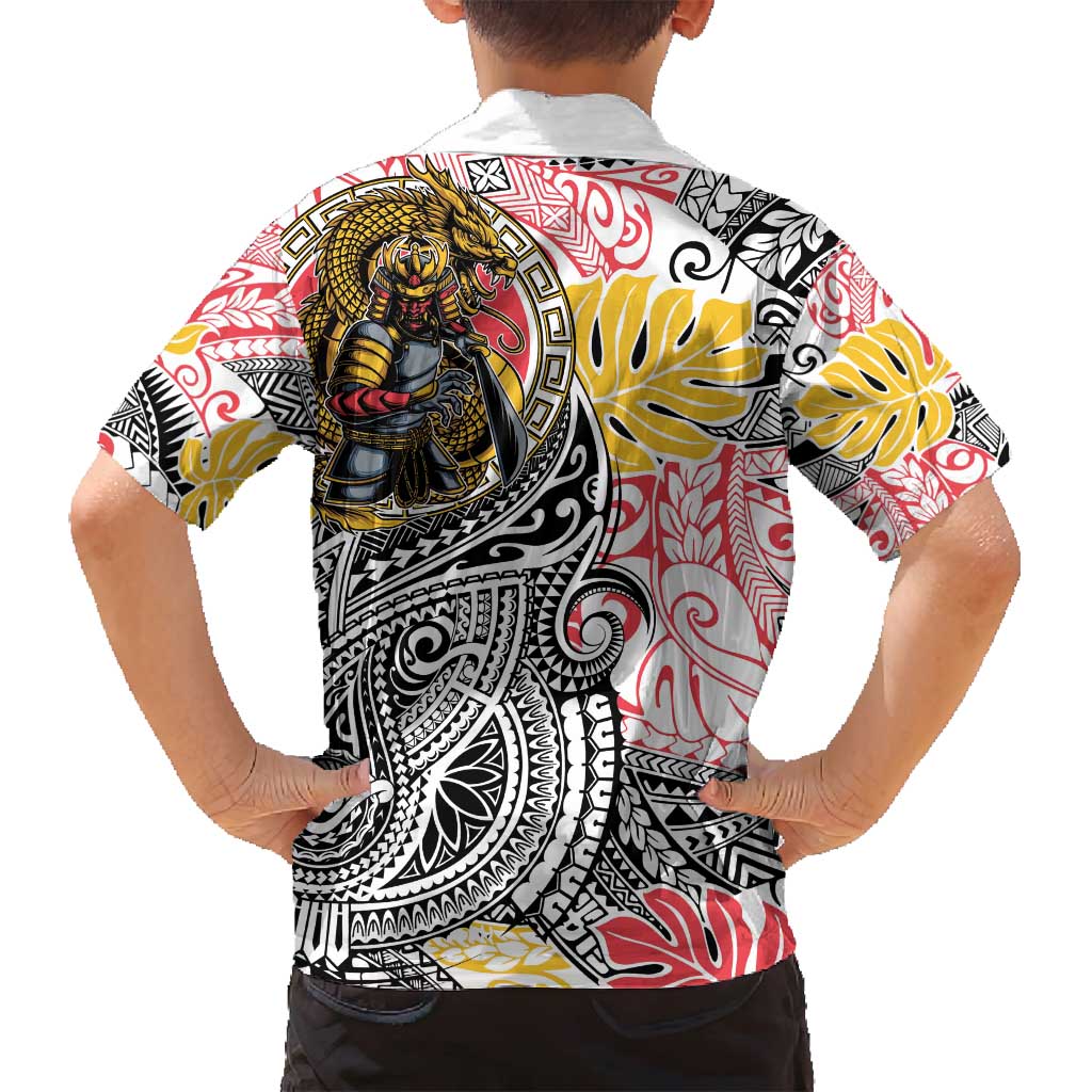Japanese Samurai Warrior Family Matching Off Shoulder Maxi Dress and Hawaiian Shirt Colorful Polynesian Tattoo Style