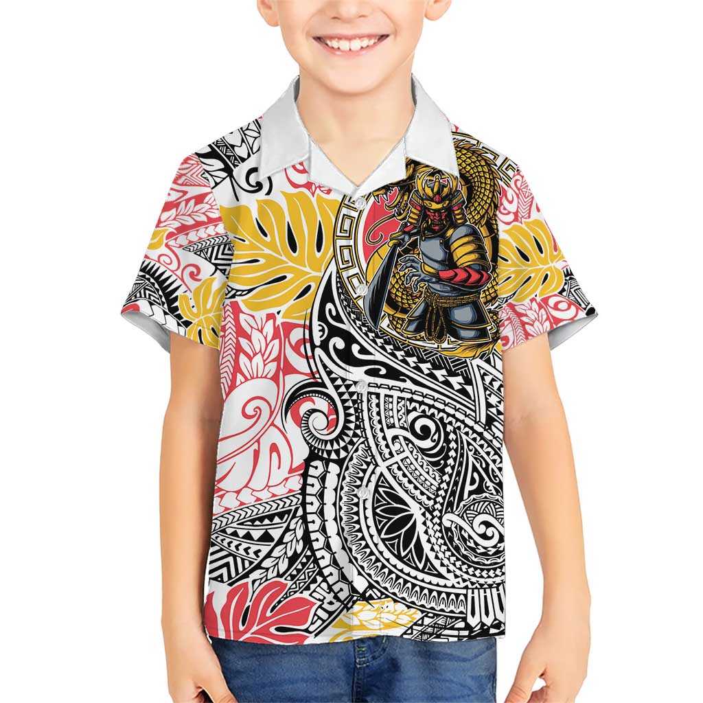 Japanese Samurai Warrior Family Matching Short Sleeve Bodycon Dress and Hawaiian Shirt Colorful Polynesian Tattoo Style