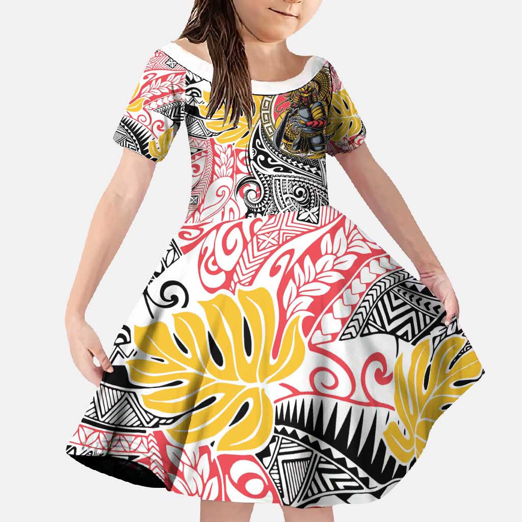 Japanese Samurai Warrior Family Matching Summer Maxi Dress and Hawaiian Shirt Colorful Polynesian Tattoo Style LT9 Daughter's Dress White - Polynesian Pride