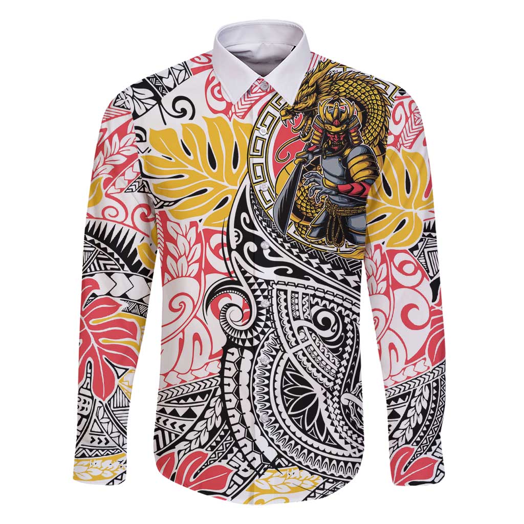 Japanese Samurai Warrior Family Matching Tank Maxi Dress and Hawaiian Shirt Colorful Polynesian Tattoo Style LT9 Dad's Shirt - Long Sleeve White - Polynesian Pride