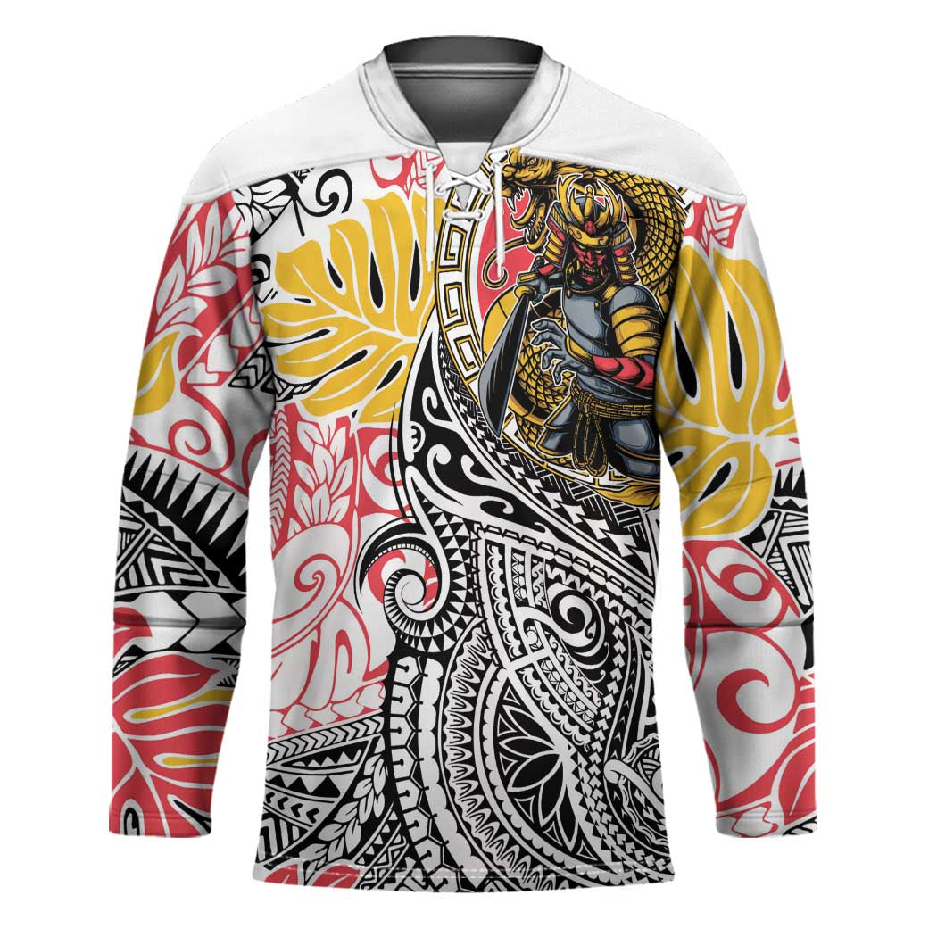 Japanese Samurai Warrior Hockey Jersey Colorful Polynesian Tattoo Style LT9 Unisex White - Polynesian Pride