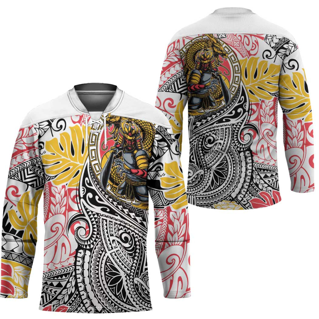 Japanese Samurai Warrior Hockey Jersey Colorful Polynesian Tattoo Style - Polynesian Pride