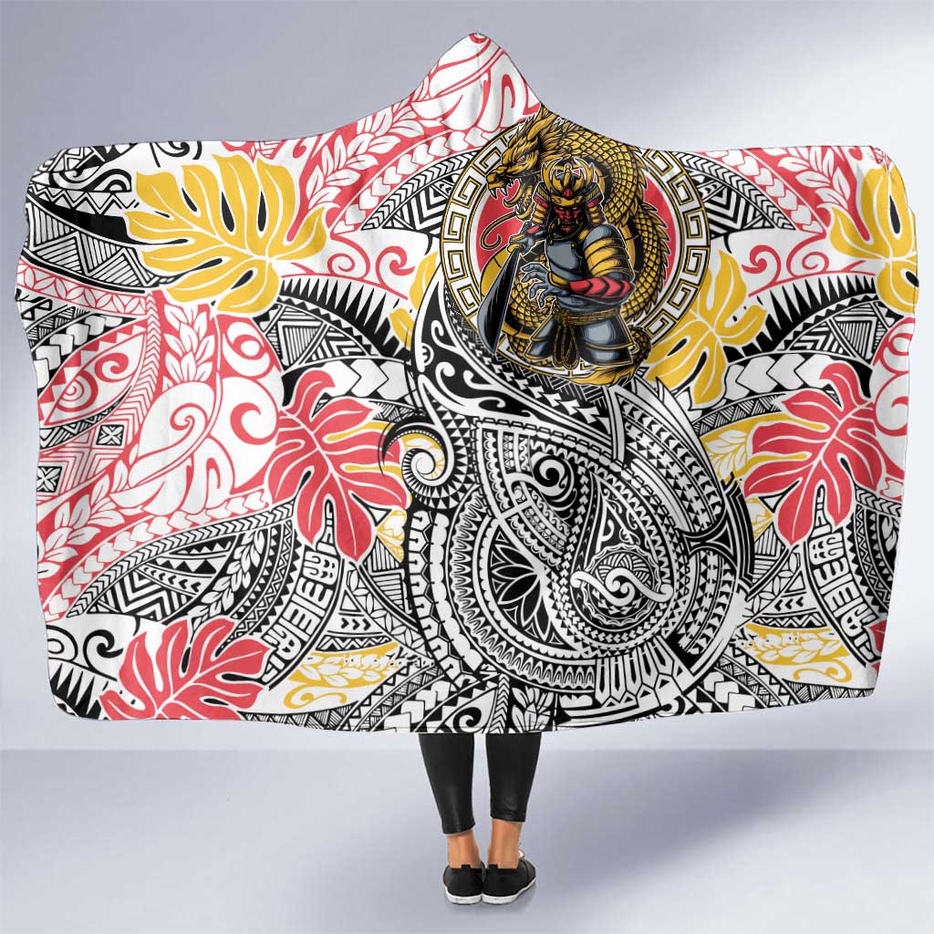 Japanese Samurai Warrior Hooded Blanket Colorful Polynesian Tattoo Style