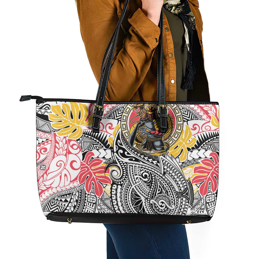 Japanese Samurai Warrior Leather Tote Bag Colorful Polynesian Tattoo Style LT9 - Polynesian Pride