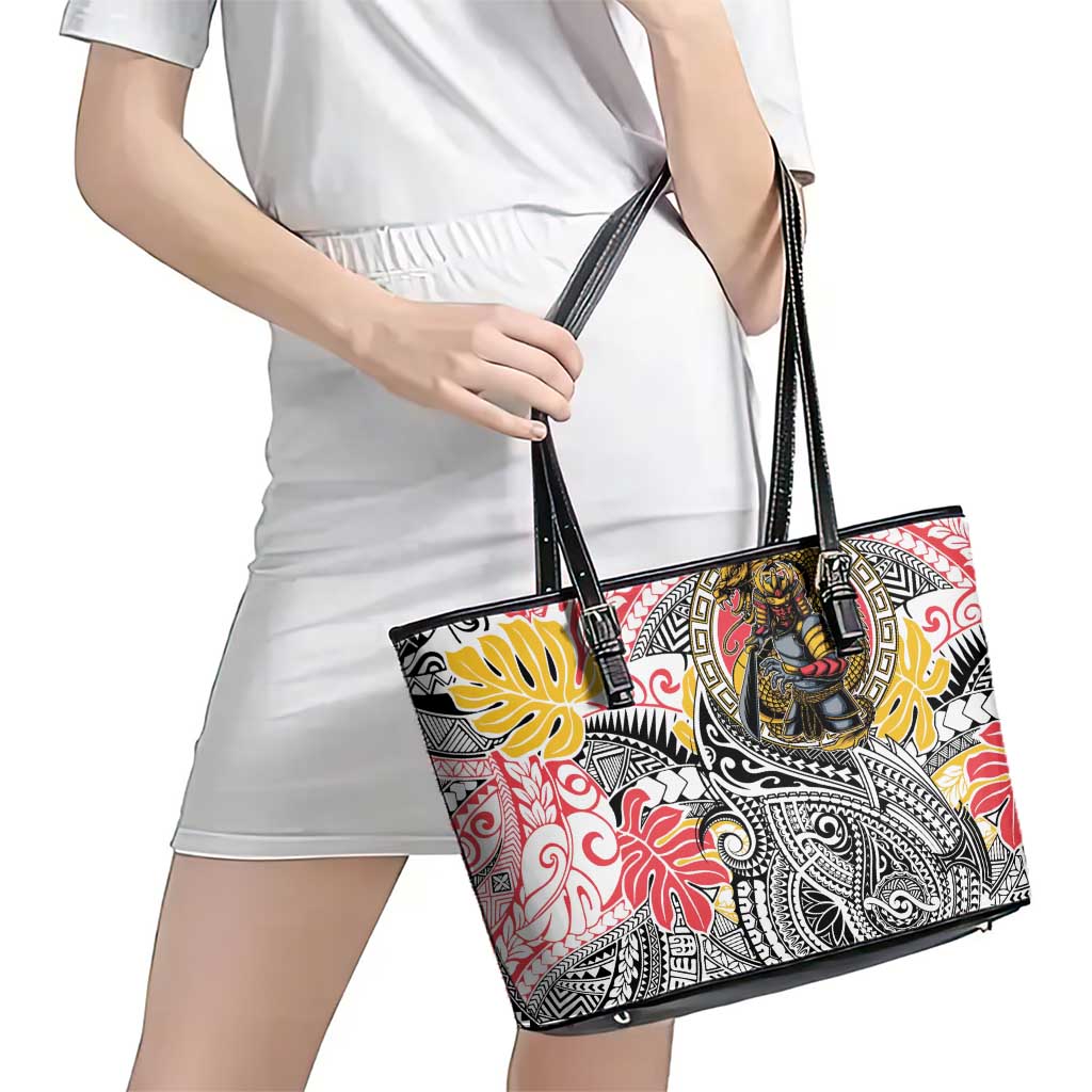 Japanese Samurai Warrior Leather Tote Bag Colorful Polynesian Tattoo Style LT9 - Polynesian Pride