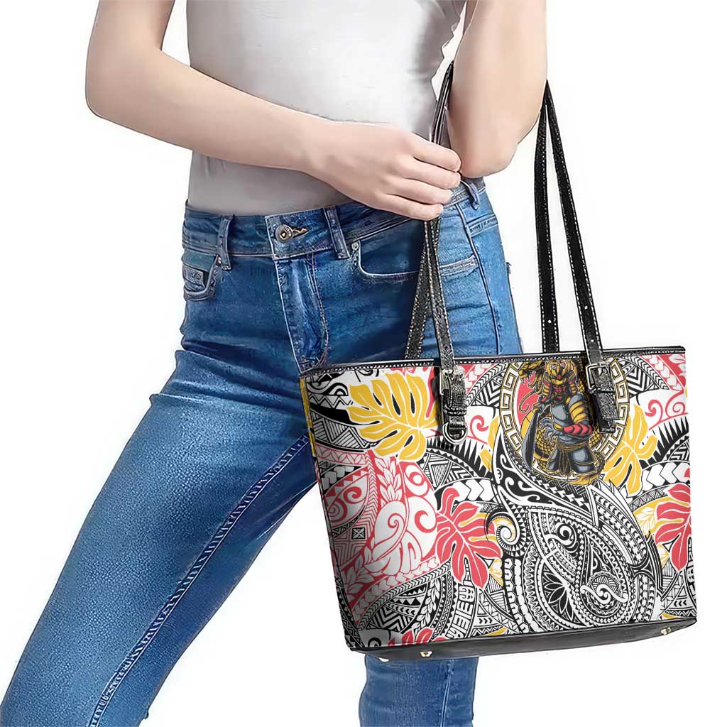 Japanese Samurai Warrior Leather Tote Bag Colorful Polynesian Tattoo Style LT9 - Polynesian Pride