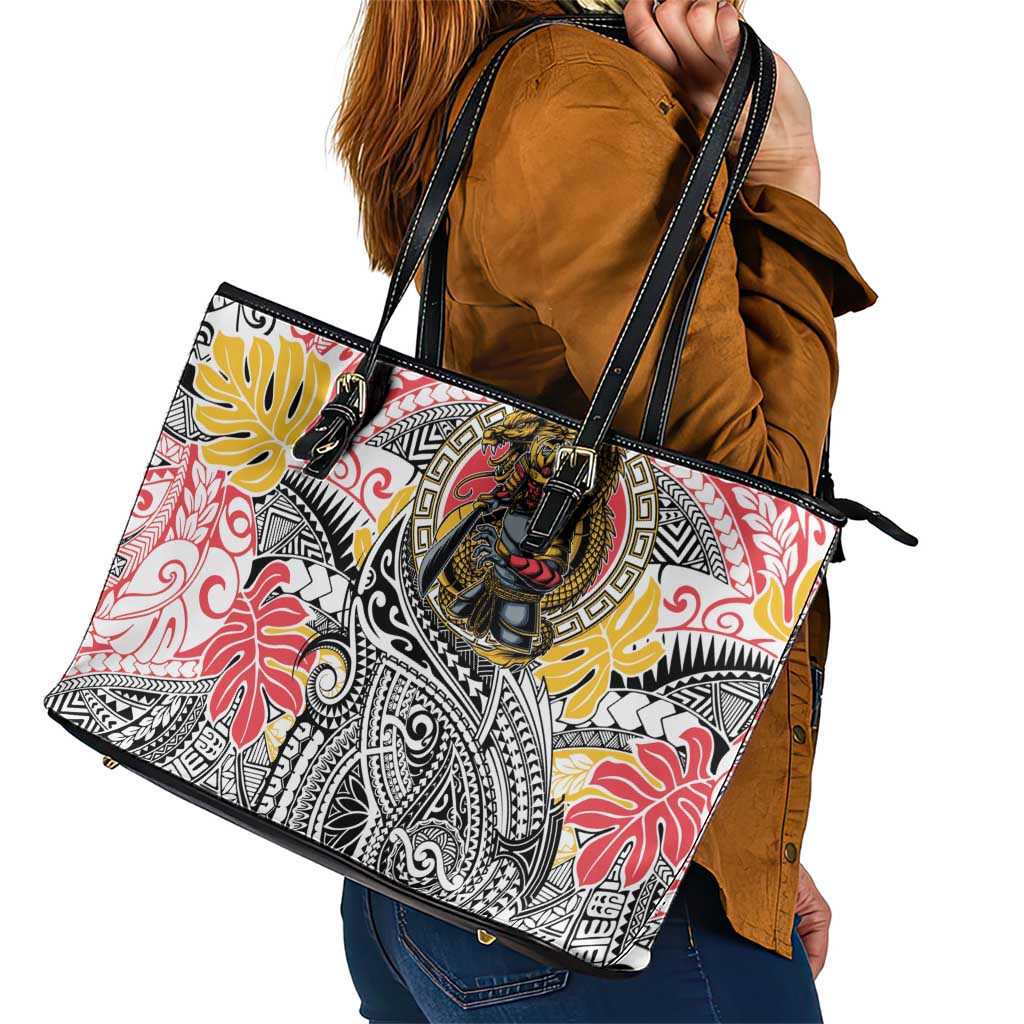 Japanese Samurai Warrior Leather Tote Bag Colorful Polynesian Tattoo Style LT9 - Polynesian Pride