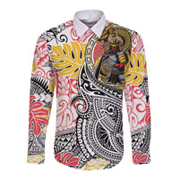 Japanese Samurai Warrior Long Sleeve Button Shirt Colorful Polynesian Tattoo Style
